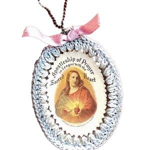 Handmade Artisan Vintage Crochet SACRED HEART Scapular NECKLACE